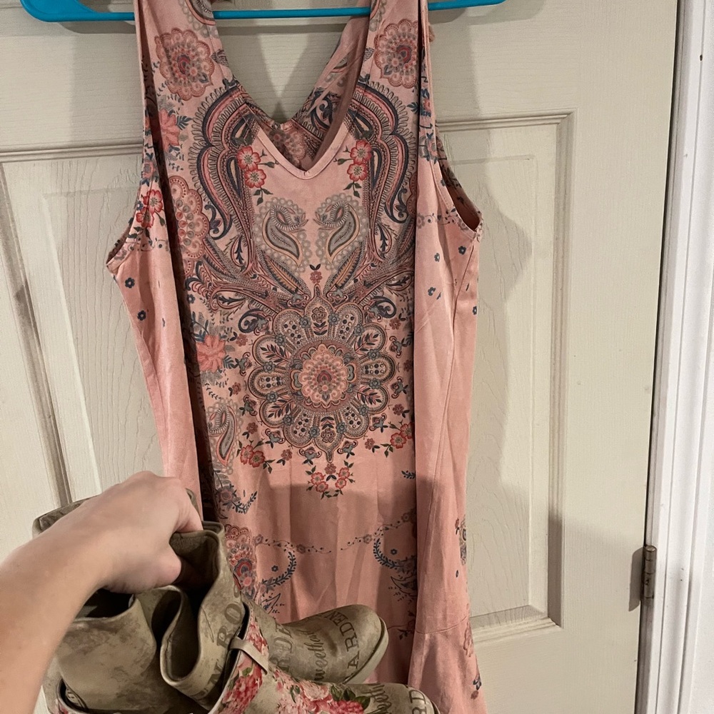 Woman’s midi suede dress, medium petite, mauve with flower pattern.